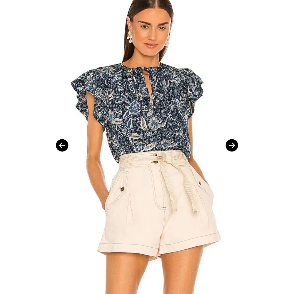 Ulla Johnson Flutter Sleeve Floral Print 8 Blue Women Boho Tie Neck Blouse Top